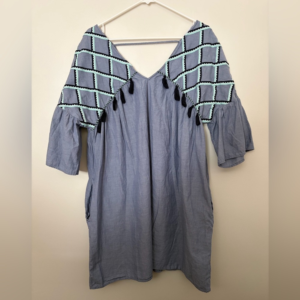 100% Cotton Boho Western Blue Chambray Shift Dress with Pockets